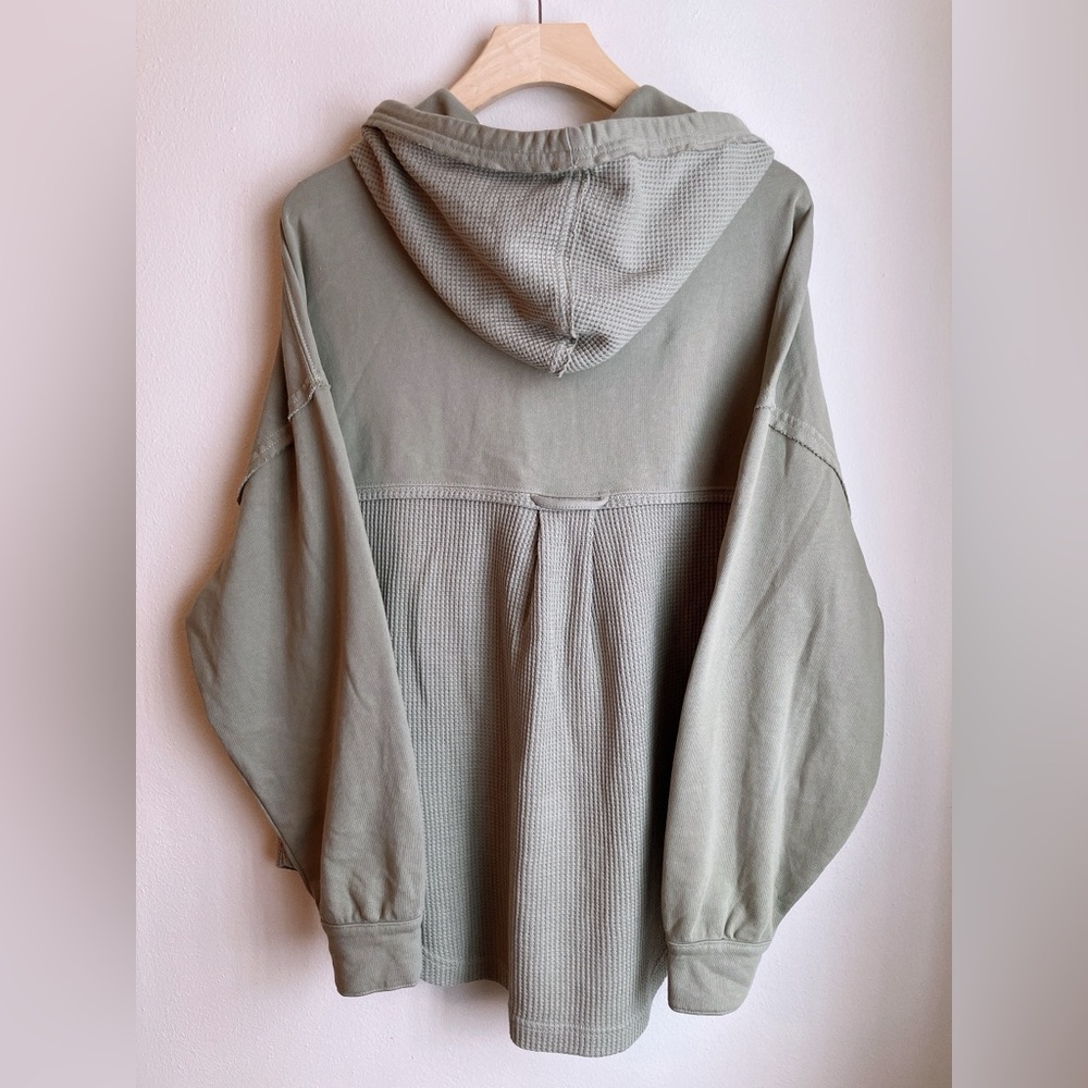 🫒American Eagle Waffle Knit Shacket Button Down Hoodie Oversized Green XS - Picture 6 of 12